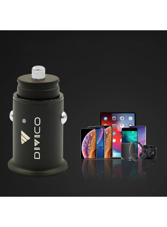 DIVICO A3004 Car Charger 12V–24V Input, Dual USB Fast Charging Output, Zinc Alloy Body, Compact 43.5 x 20.4 x 34.3mm, 31.5g Lightweight, Black - Image 4